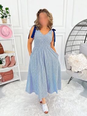 DAVI & DANI Light Blue Striped Midi Dress with Navy Tie-Straps
